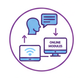 Icon representing multi-format training — face-to-face, online, and bilingual delivery